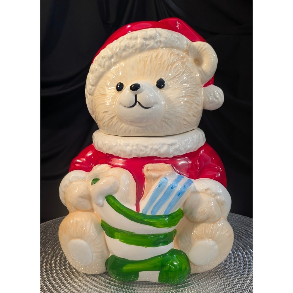 Christmas Bear Santa Cookie Jar 10.5" Holiday Vintage Earthenware Collectible